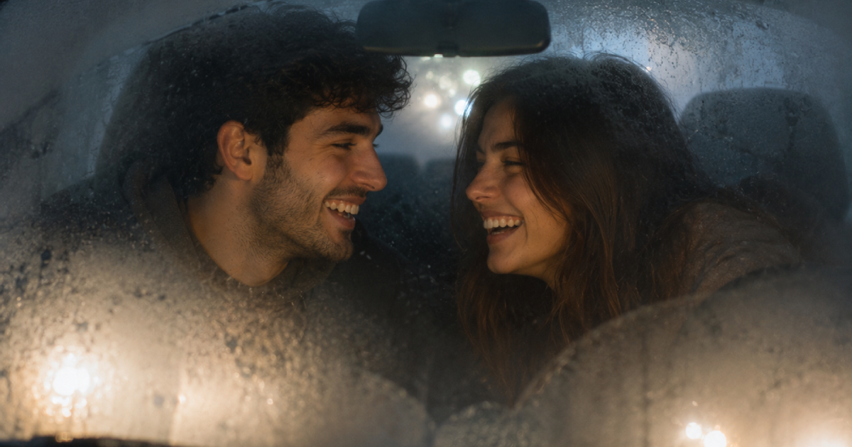 Couple laughing together inside a car, viewed through a foggy, rain-covered windshield with softly glowing headlights.