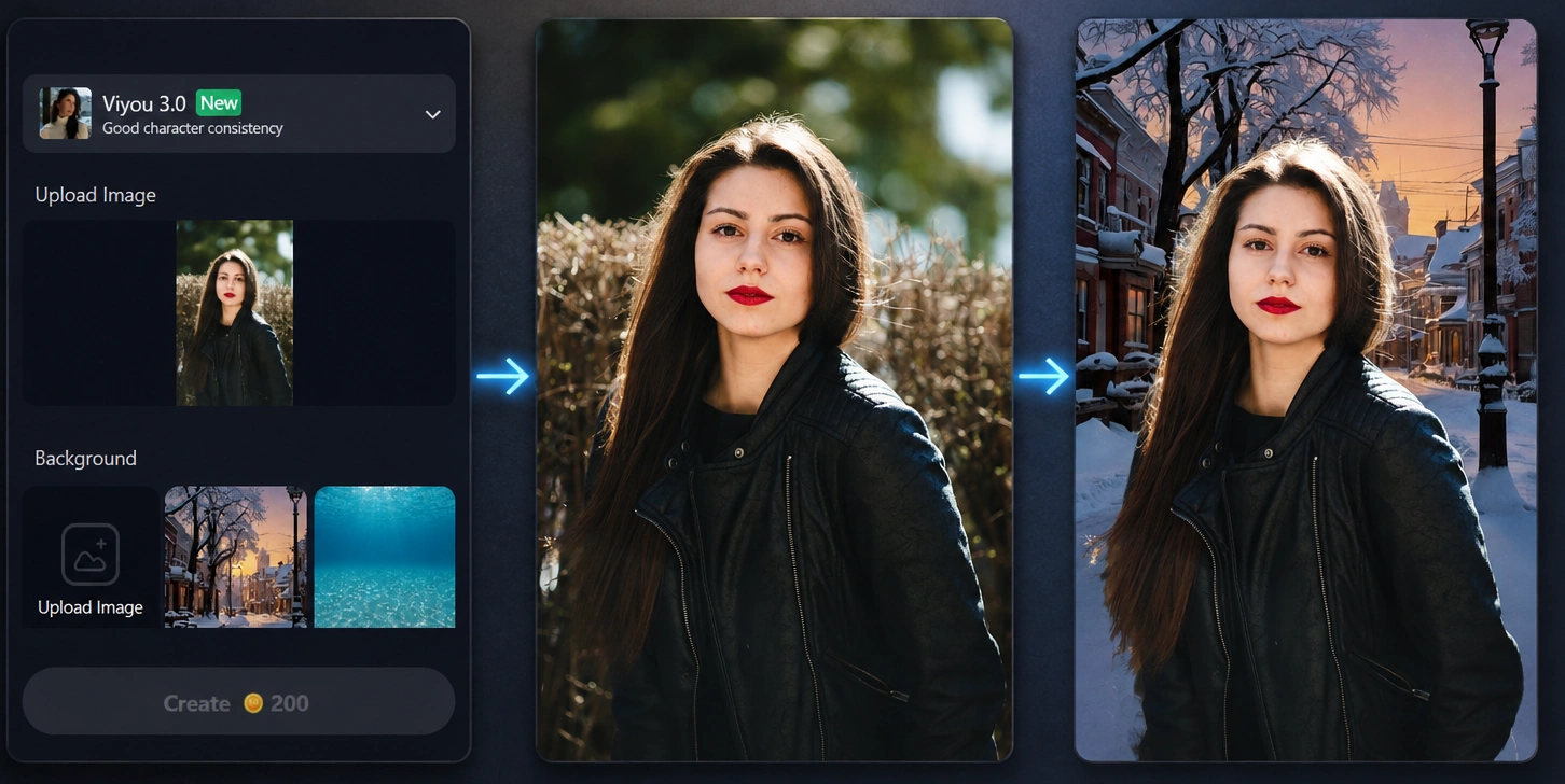 Viyou AI background remover result showing a portrait's background swapped from an outdoor setting to a snowy street scene