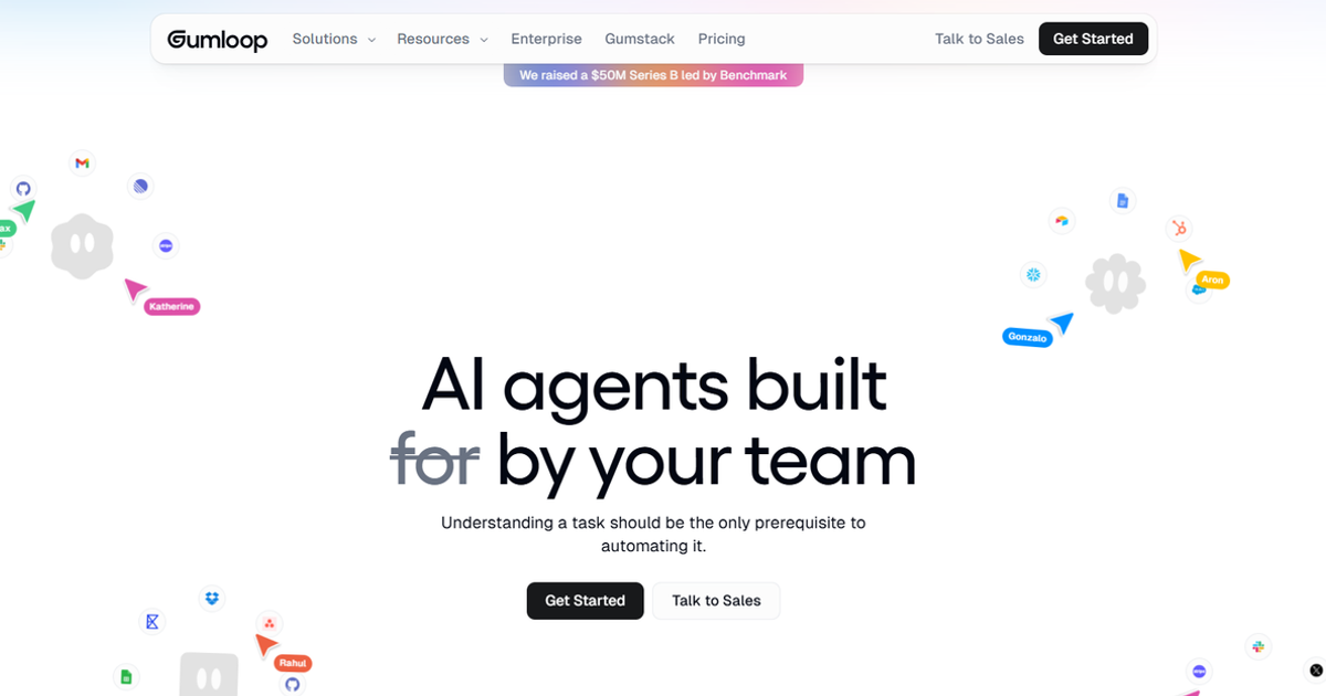 Gumloop homepage showcasing an AI agent builder platform with clean interface, workflow automation, and collaboration features for teams.