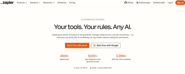 Zapier homepage displaying AI automation platform with workflow integration tools, productivity features, and free account signup options.