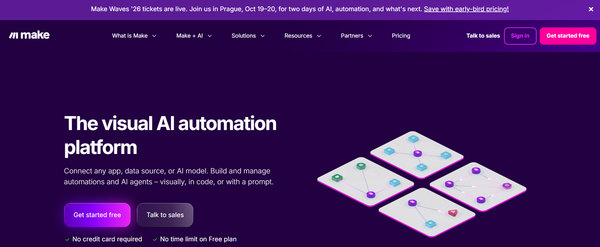 Make.com homepage featuring a visual AI automation platform with workflow diagrams, app integrations, and automation builder interface.