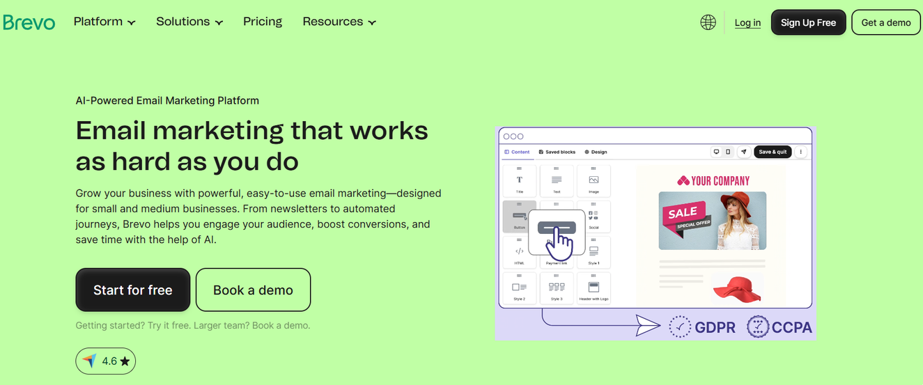 Brevo homepage displaying AI-powered email marketing software with drag-and-drop email editor, marketing dashboard, and call-to-action buttons.
