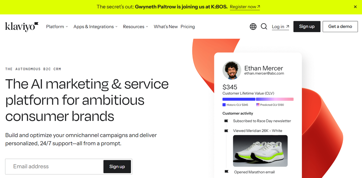 Klaviyo homepage showing AI-powered marketing platform with customer profile dashboard, campaign tools, and sign-up section.