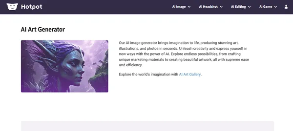 Hotpot AI art generator showing a fantasy elf character with purple hair created using AI image generation
