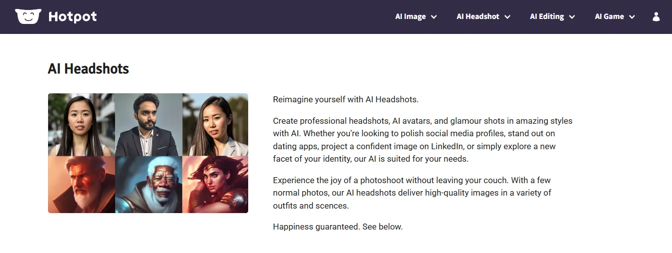Hotpot AI headshot generator showing a grid of professional and creative AI-generated portraits in various styles
