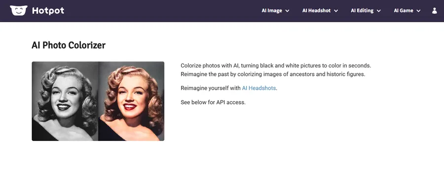 Hotpot AI photo colorizer showing a black and white portrait of Marilyn Monroe converted to full color using AI