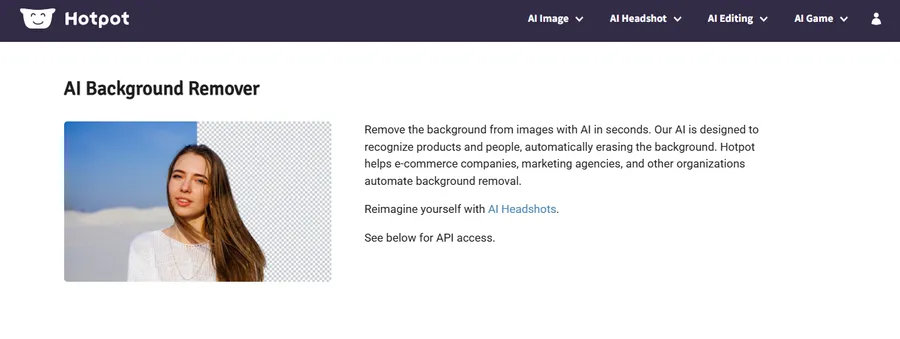 Hotpot AI background remover showing a woman with long hair isolated from a blue sky background using AI