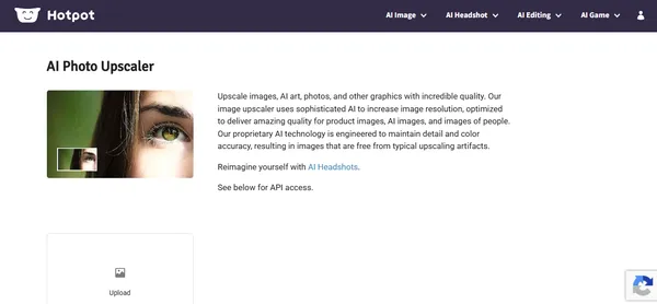 Hotpot AI photo upscaler showing a close-up eye image enhanced from low resolution to high resolution using AI