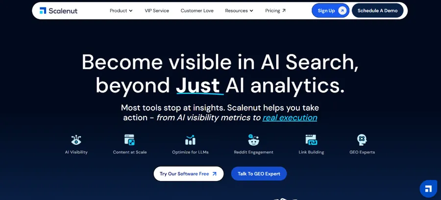 Scalenut homepage headline "Become visible in AI Search, beyond Just AI analytics," listing its AI Visibility, Content at Scale, Reddit Engagement, and Link Building features.