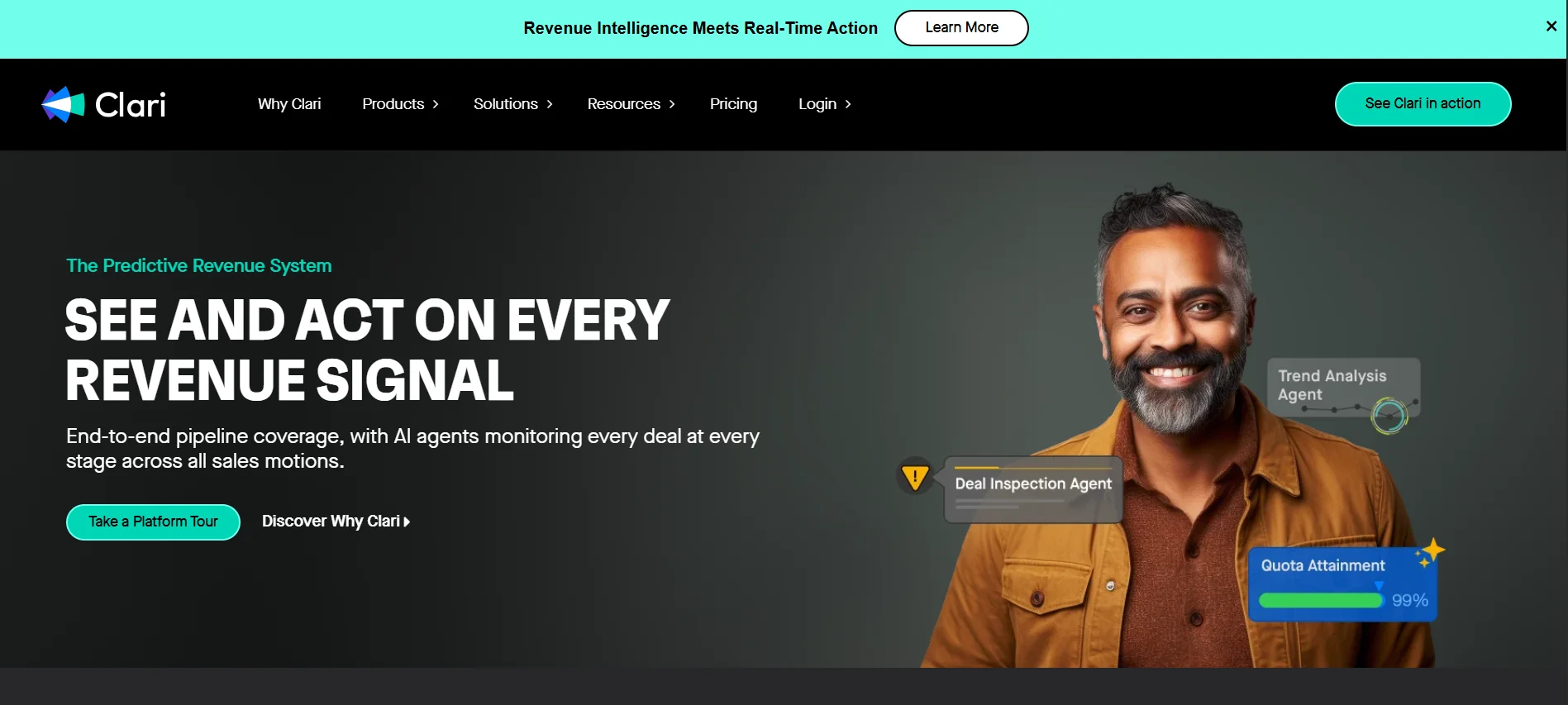 Clari homepage showing its predictive revenue system and AI deal inspection agent