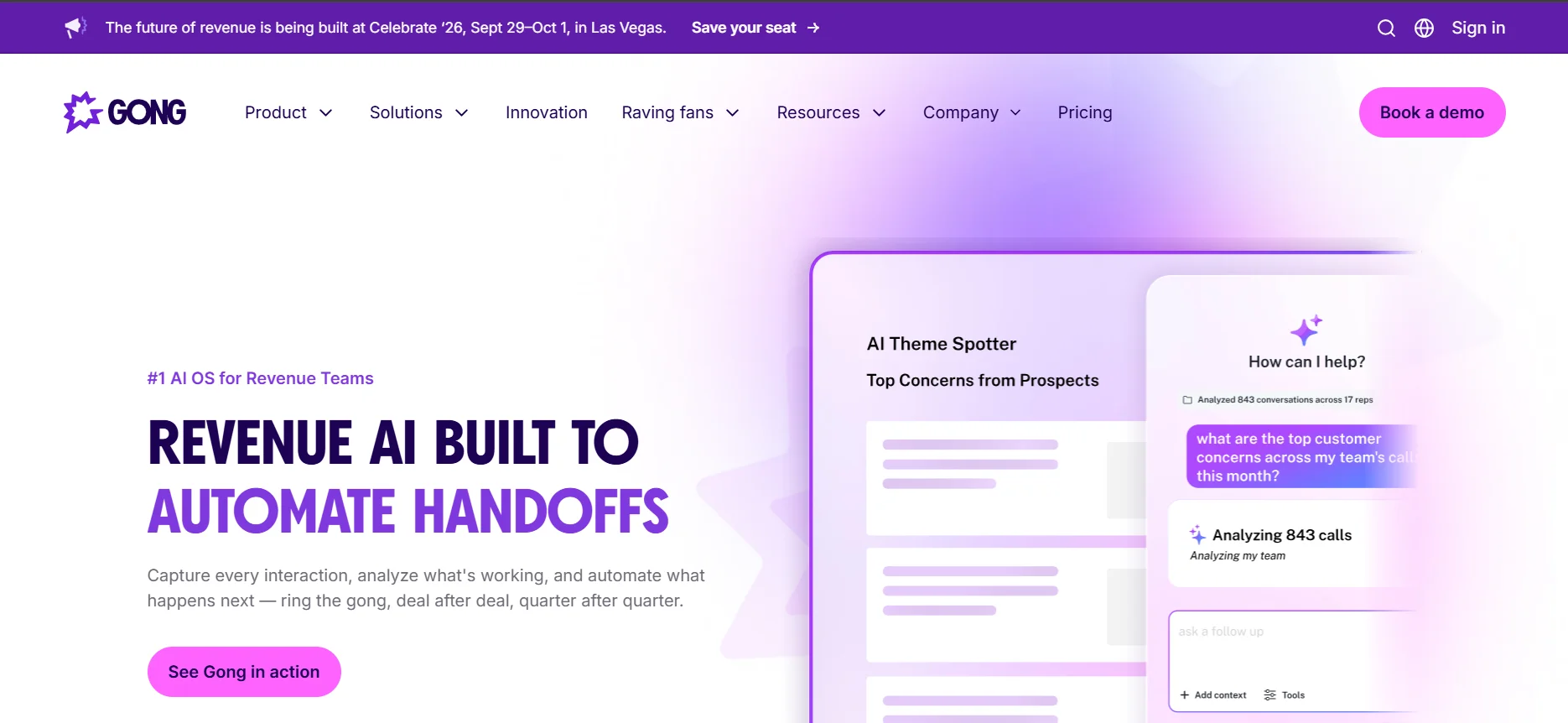 Gong homepage showing its Revenue AI platform built for automating deal handoffs