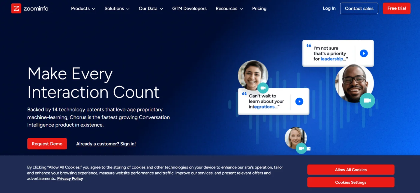 ZoomInfo homepage featuring its Chorus conversation intelligence product for sales teams