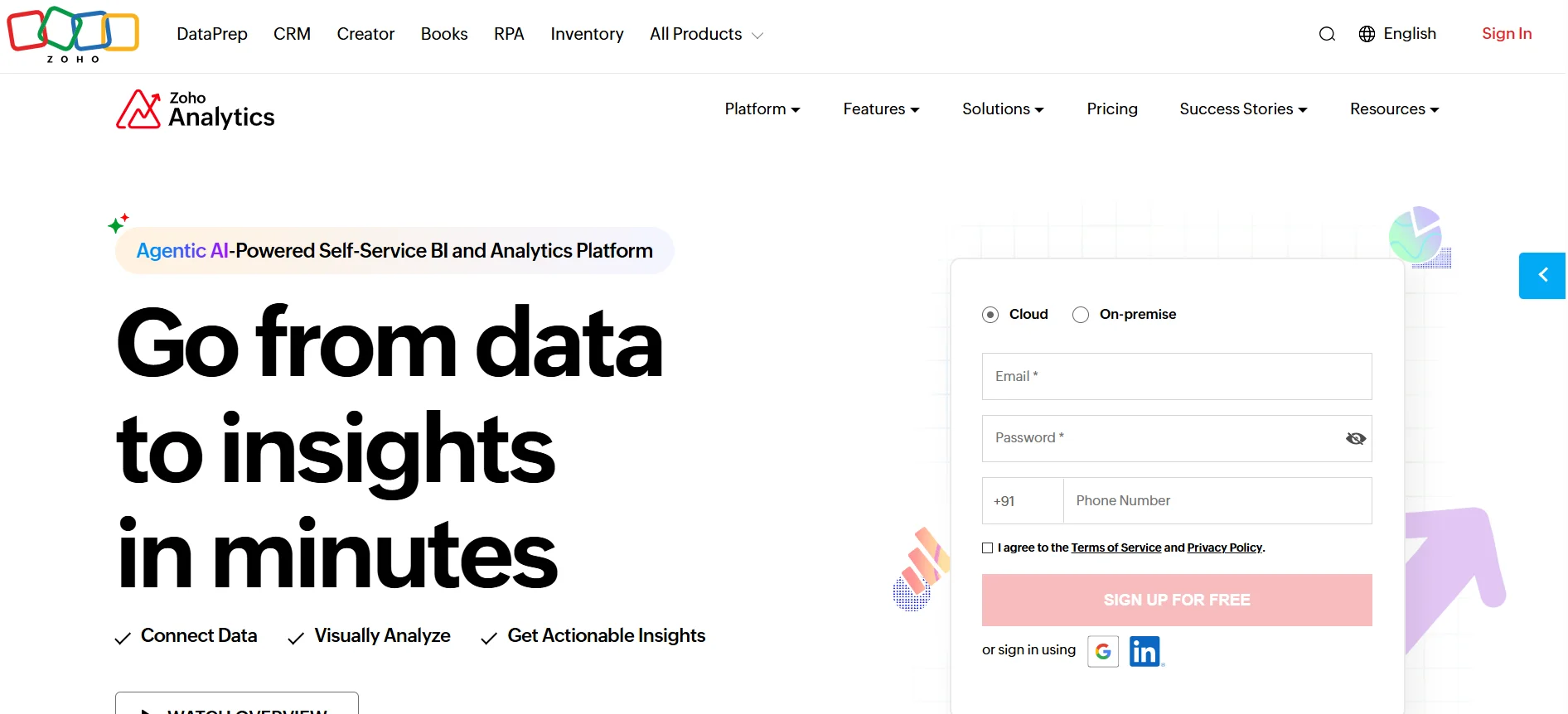 Zoho CRM homepage advertising its free AI CRM signup, a free-tier option among sales analytics tools for solo founders