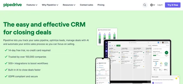 Pipedrive homepage showing its visual sales pipeline dashboard and deal tracking interface