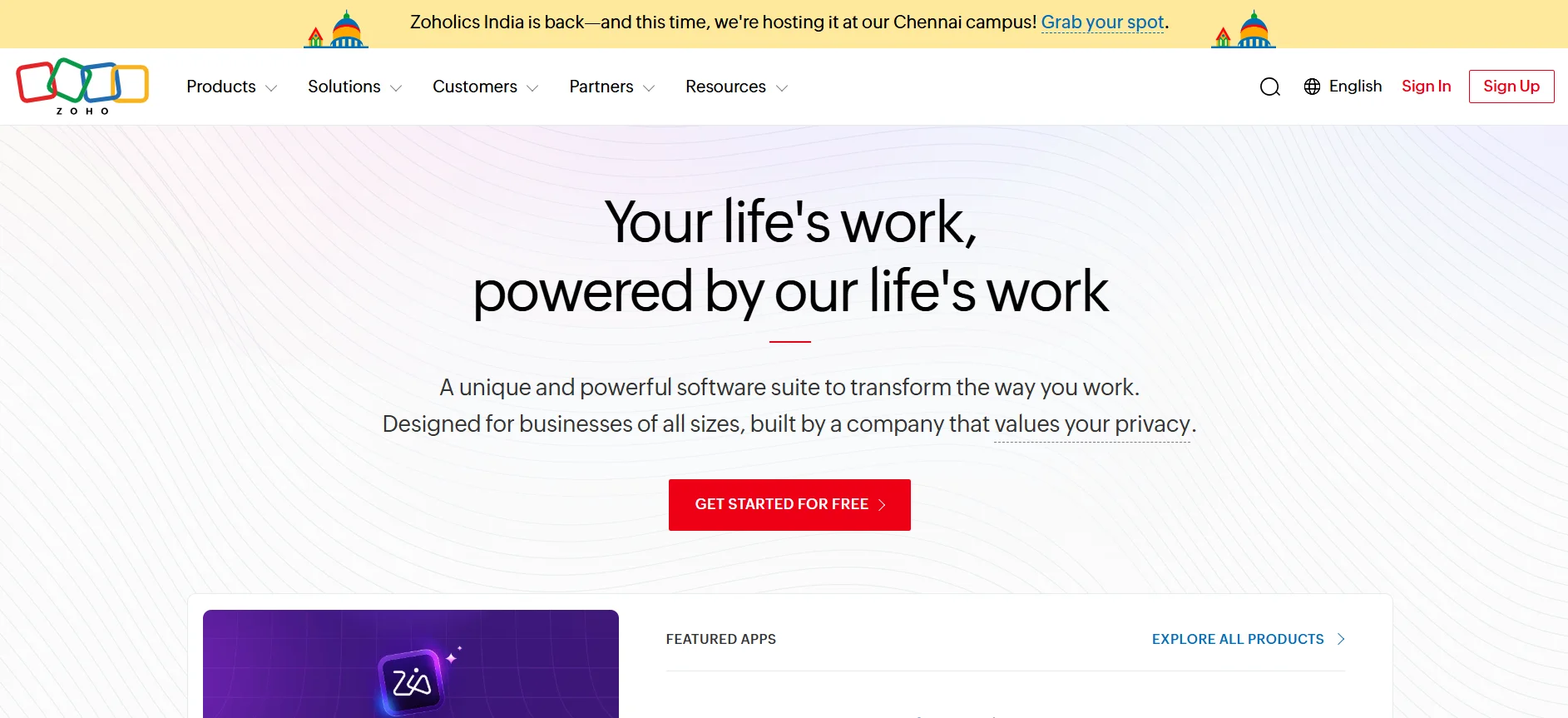 Zoho Analytics homepage describing its self-service BI and analytics platform