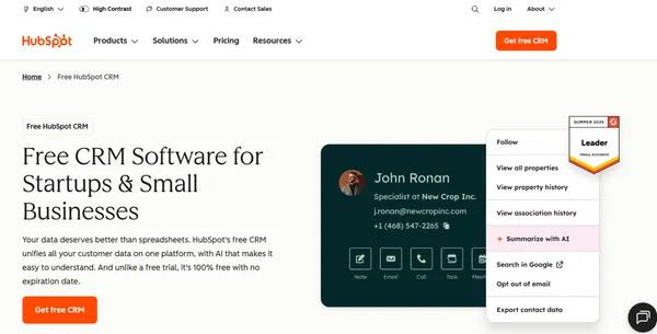 HubSpot free CRM homepage showing the no-expiration free plan, one of the budget-friendly sales analytics tools for small teams