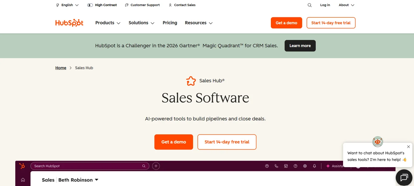 HubSpot Sales Hub product page showing its AI-powered sales software for building pipelines and closing deals