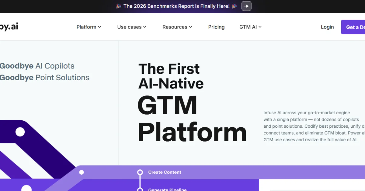 Copy.ai homepage describing itself as "The First AI-Native GTM Platform," with Create Content, Generate Pipeline, and Execute Campaigns workflow steps.