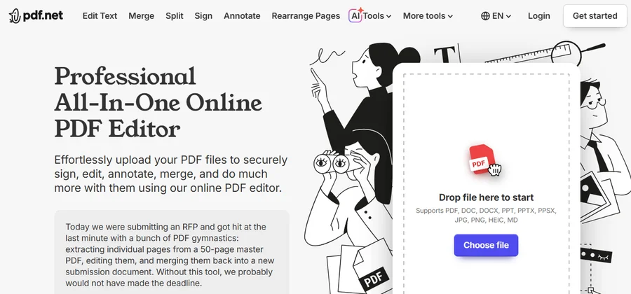 PDF.net homepage showing the browser-based PDF editor with options to edit text, merge, split, sign, annotate, and rearrange pages