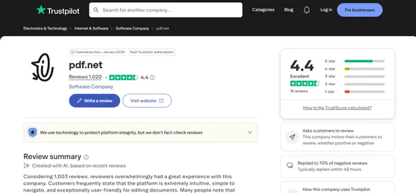 PDF.net Trustpilot rating showing 4.4 stars from 1,020 reviews with an Excellent rating as of September 2026