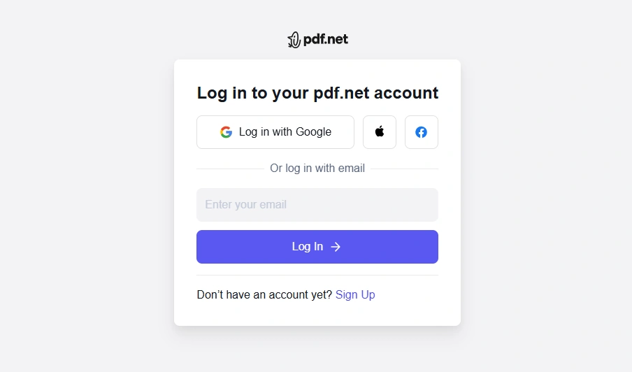 PDF.net login screen with options to sign in using Google, Apple, Facebook, or email