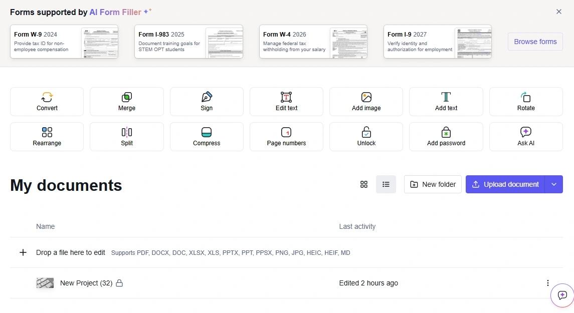 PDF.net dashboard showing tools including Convert, Merge, Sign, Edit text, Add image, Rotate, Rearrange, Split, Compress, Page numbers, Unlock, Add password, and Ask AI, with the AI Form Filler supporting W-9, I-983, W-4, and I-9 forms