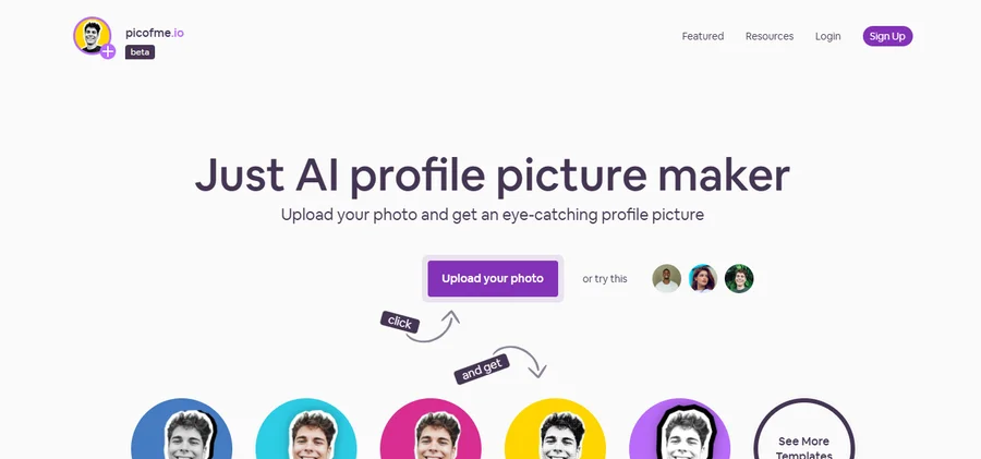 Picofme.io homepage showing the AI profile picture maker upload tool and sample template previews