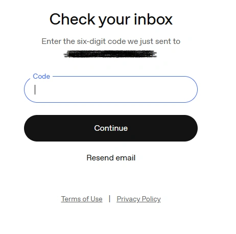 ChatGPT check your inbox screen asking for a six-digit verification code sent by email, with a Continue button and Resend email link