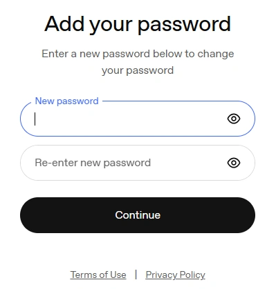 ChatGPT add your password screen with fields for a new password and re-entering the new password, followed by a Continue button