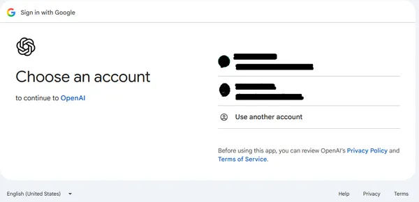 Google Choose an account screen showing saved accounts to continue signing in to OpenAI, with an option to use another account