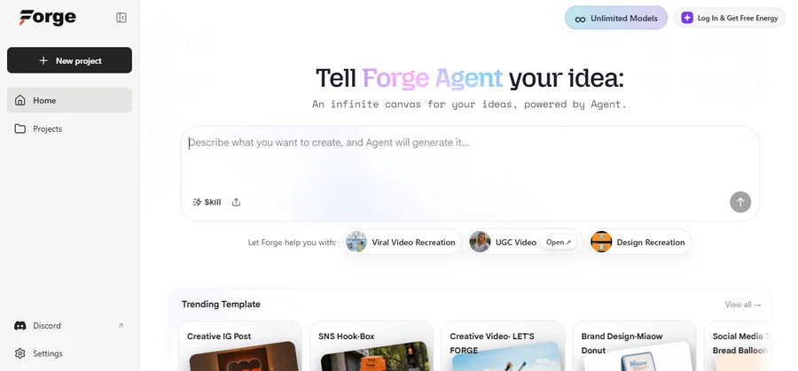 Forge home page from Tensor Art showing an infinite canvas prompt box and a log in button for free Energy