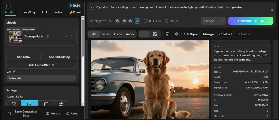 Tensor Art generation details panel showing a 0.36 credit cost and a seven-day expiry date for a golden retriever image made on the free tier