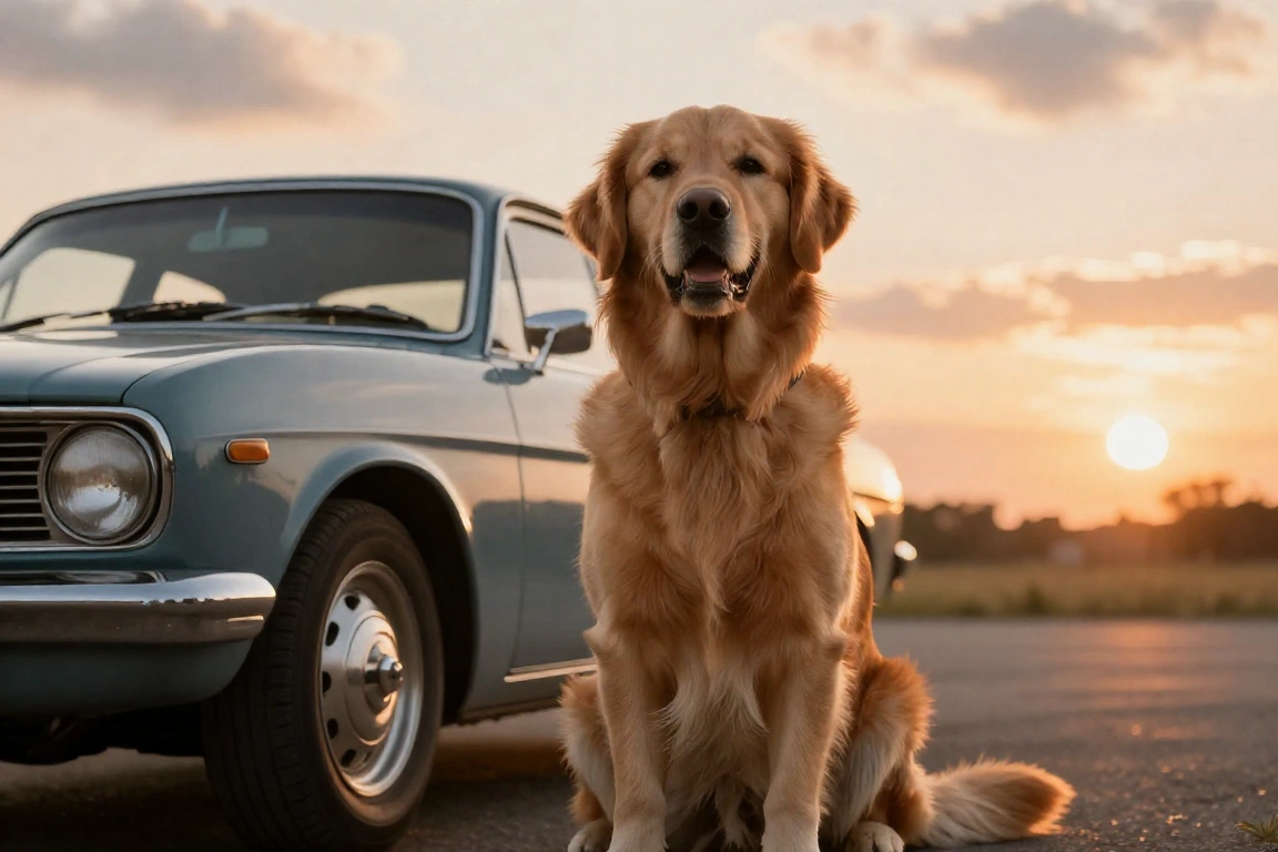 Image generated on Tensor Art's free tier using Z-Image-Turbo: a golden retriever sitting beside a vintage blue car at sunset
