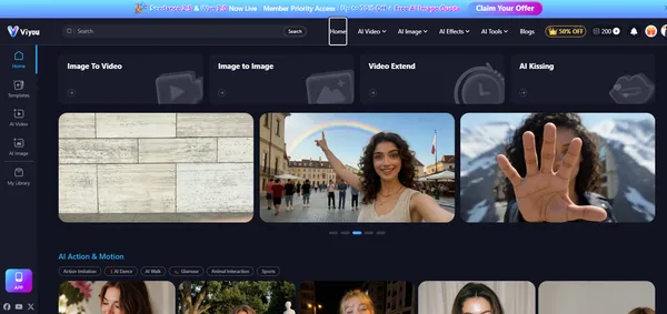 Viyou AI dashboard homepage showing Image to Video, Image to Image, Video Extend, and AI Kissing tool shortcuts with a 200-coin balance