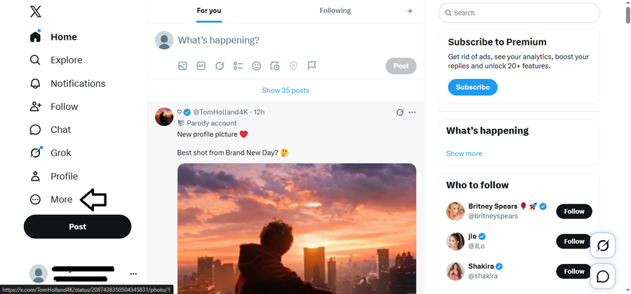 X homepage on desktop with the More option highlighted in the left sidebar to access additional settings.