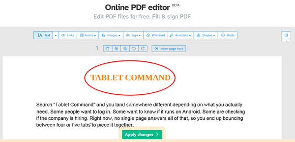 Screenshot of the Sejda PDF Editor showing a PDF document with text and annotation tools, including the “Tablet Command” heading highlighted with a red oval.