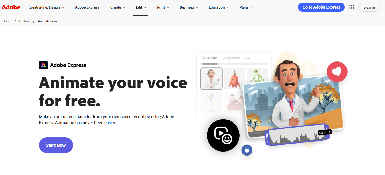 Adobe Express Animate Your Voice feature homepage with animated character preview