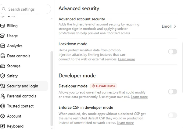 ChatGPT advanced security settings page showing Advanced account security with an Enroll button, and Lockdown mode toggle for limiting features that connect to the web or external services