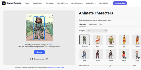Adobe Express Animate Characters tool showing character selection and voice recording options