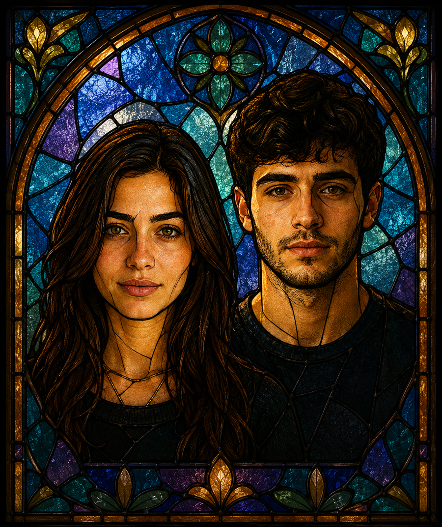 Stained glass portrait of a young couple framed by colorful floral patterns and jewel-toned glass.