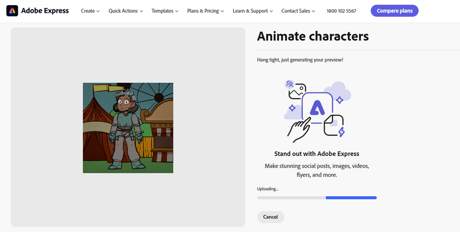 Adobe Express Animate Characters screen showing an uploaded character image and audio upload option