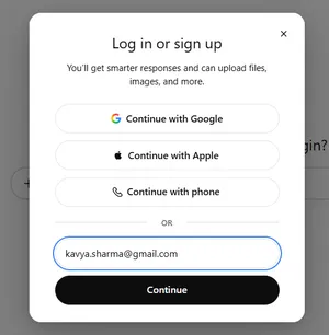 ChatGPT log in or sign up modal showing Continue with Google, Continue with Apple, Continue with phone, and an email address field with a Continue button
