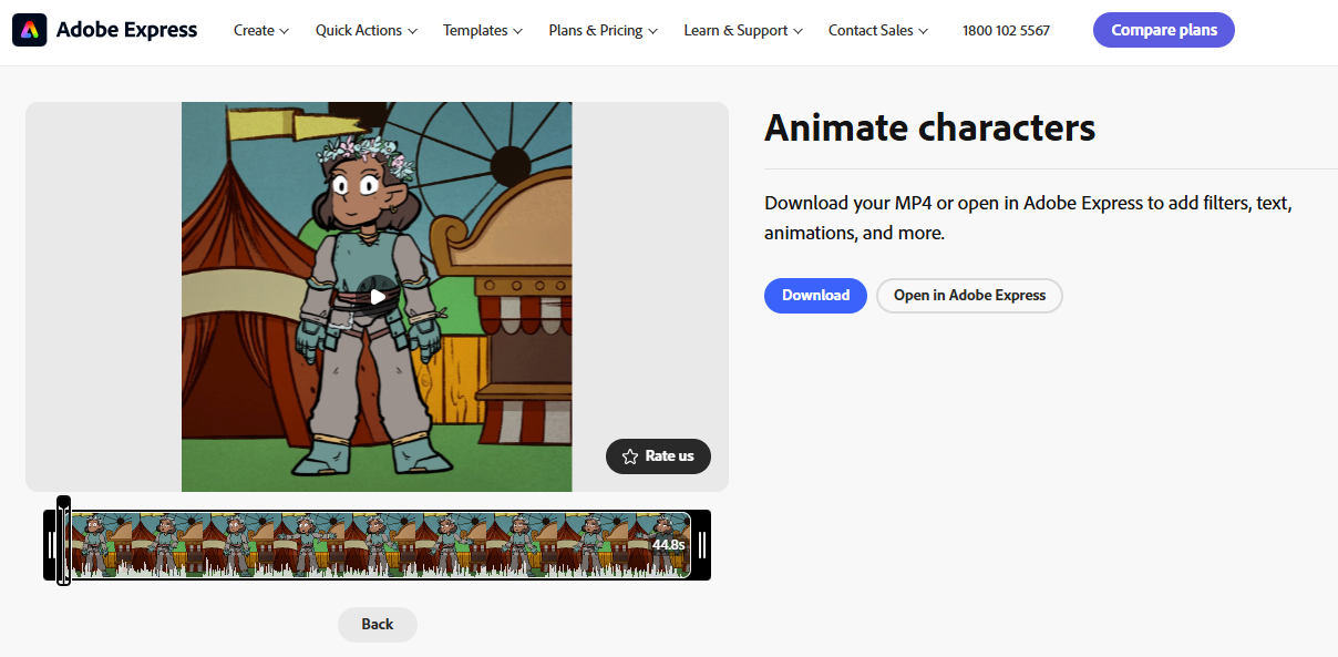 Adobe Express generated animated character video with playback preview and timeline