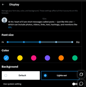 X Display settings in dark mode with the Lights out background theme selected and font size and color options visible.