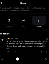 X app Display settings showing System, Day, and Night theme options with Night mode selected and font size slider below.