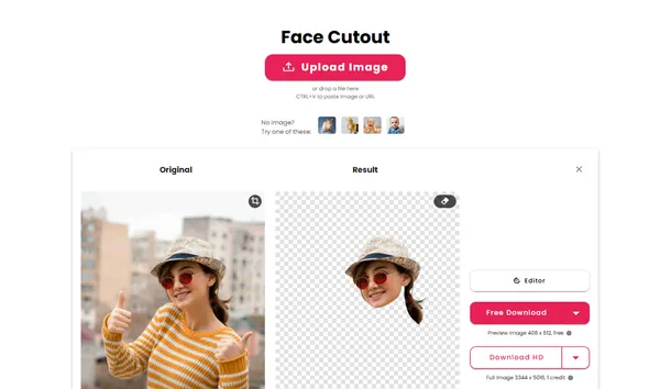 Face Cutout tool showing the original photo alongside the background-removed result of a woman wearing a hat and red sunglasses.