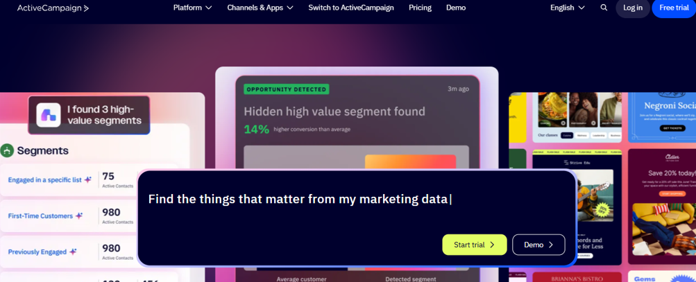 ActiveCampaign website showing marketing data segmentation and AI-powered insights.