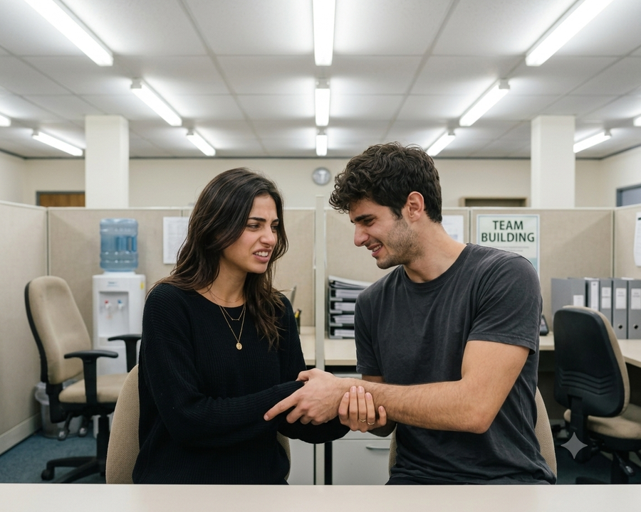 A man and woman sitting in an office cubicle awkwardly clutching each other's wrists and hands in a stiff, comedic handshake attempt under fluorescent ceiling lights.