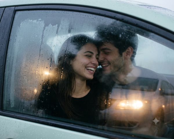Couple laughing together inside a car, seen through a rain-covered window with softly glowing headlights.