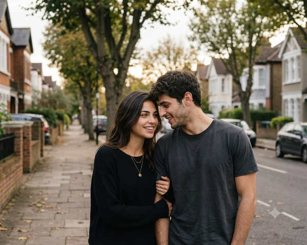 Couple walking arm in arm down a tree-lined street, smiling at each other in a warm, candid moment.